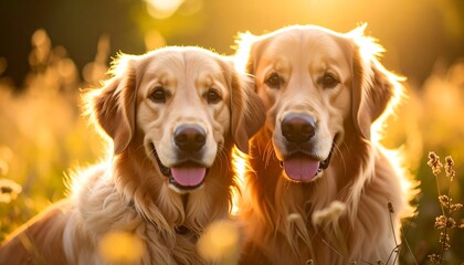 Two Golden Retrievers bask in the warm glow of sunset light
