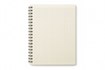 Blank grid paper spiral notebook on transparent background, open journal, empty diary for creativity and planning