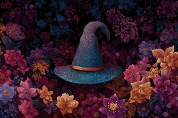 Halloween background with witch hat and flowers, generative ai