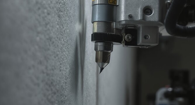 Close-up of a precision cutting tools tip hovering above a textured surface, industrial machinery detail, precise engineering, fabrication process, manufacturing technology