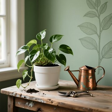 Planta verde en maceta blanca, regadera de cobre y podadora sobre mesa de madera. Ambiente hogare&ntilde;o con luz natural y pared verde