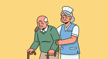 Compassionate caregiver assisting a senior man with a walking stick, symbolizing dedicated elder support, professional healthcare, and the importance of well-being in old age
