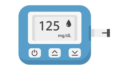 Vector illustration of a digital glucometer with a test strip, displaying a blood sugar reading of 125 mg/dL for diabetes management