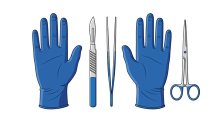 Fototapeta premium A collection of essential surgical instruments for medical procedures, including blue latex gloves, a scalpel for incisions, and forceps, isolated vector illustration
