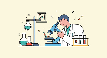 Scientist in a lab coat examining a sample under a microscope, surrounded by laboratory equipment and test tubes