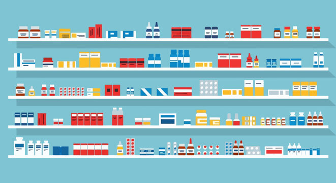 An organized display of pharmaceuticals on shelves in a modern drugstore. Vector graphic representing the concepts of healthcare, wellness, and medical retail