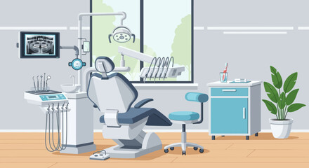 Dental Clinic Interior with Equipment and Patient Chair