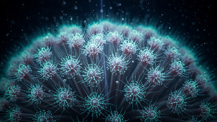 Fototapeta premium Abstract Microscopic Structure with Glowing Aqua Details on Dark Background