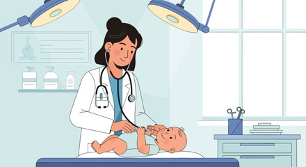 Pediatrician examining a baby with a stethoscope during a medical check-up in a clinic or hospital setting