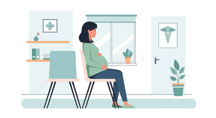 Pregnant woman sitting in a doctor's waiting room with medical symbols