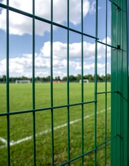 View of a soccer field through a green fence