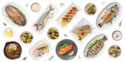 Assorted Fish Dishes PNG Set – Top View, Isolated on Transparent Background