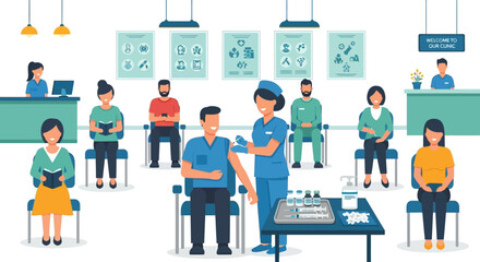 Vaccination Clinic Illustration People Receiving Injections, Healthcare, and Medical Procedures