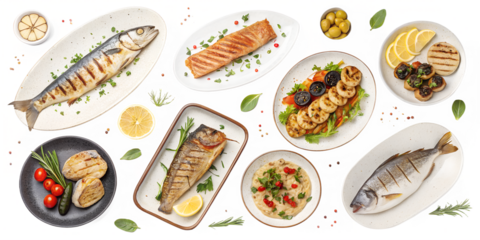 Assorted Fish Dishes PNG Set – Top View, Isolated on Transparent Background
