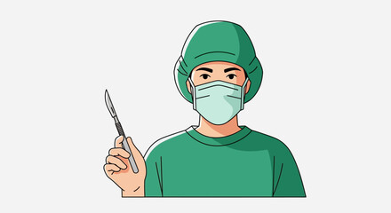 A dedicated surgeon in sterile green scrubs, a surgical cap, and a face mask holding a scalpel, poised for a medical operation