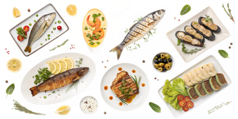 Assorted Fish Dishes PNG Set – Top View, Isolated on Transparent Background