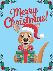 Merry Christmas Greeting Card with Cartoon Kangaroo in Santa Hat Holding Gift and Holly Border - Vector