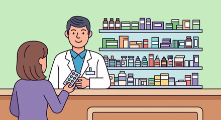 Friendly pharmacist assisting a customer by providing medication at a modern pharmacy counter, highlighting healthcare service and professional advice for well-being