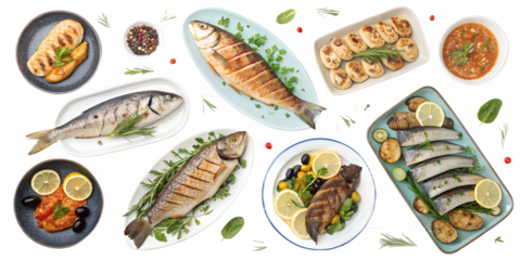 Assorted Fish Dishes PNG Set – Top View, Isolated on Transparent Background