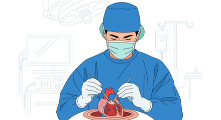 Illustration of a surgeon performing a delicate heart surgery with surgical instruments and medical equipment in the background