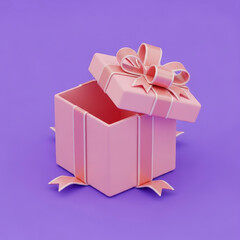 A Light Pink Gift Box with a Bow is Opening on a Purple Background
