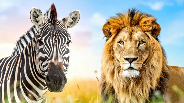 Striking portrait featuring the faces of an adult zebra and a majestic lion in a savanna-like landscape with a blue sky backdrop.