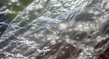Close up texture of crumpled plastic wrap with diffused light and small scattered particles