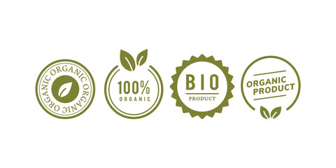 Organic product label set with 100 percent natural, eco friendly, healthy fresh from nature seals perfect for packaging, food, farm and environmental branding