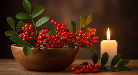 Rustic Wooden Bowl Filled With Red Berries and a Lit Candle