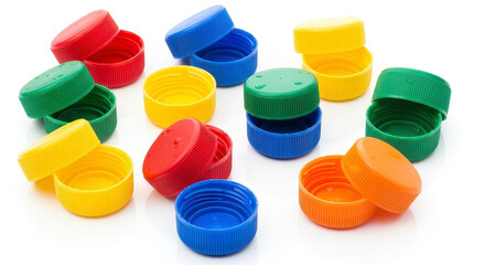 Colorful Plastic Bottle Caps Scattered on White Background