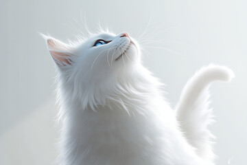 Elegant white cat gazing upwards with piercing blue eyes, a portrait of feline wonder and curiosity, perfect for pet lovers and animal enthusiasts