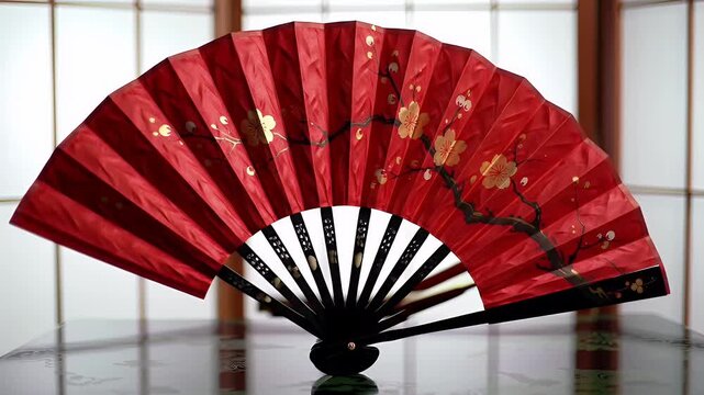 Vibrant Red Silk Hand Fan Display with Delicate Golden Blossom Accents and Wood Paneled Background Asian Artistry Elegance Decorative Craftsmanship Cultural Appreciation