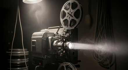 Vintage Film Projector Illuminating the Dark Theater with Light Beam