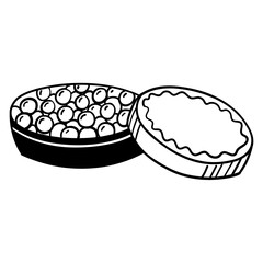 Black and white illustration of an open container filled with small spherical objects resembling beads or pearls on a transparent background