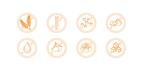 Allergen free products label collection with certified healthy food icons, allergy friendly packaging design, nutrition safety, dietary lifestyle and organic product tags