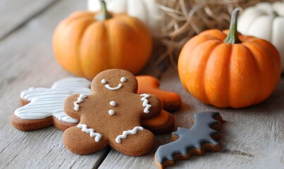 Fototapeta premium halloween themed gingerbread man cookie with subtle pumpkins and tiny bat props, warm rustic bakery style