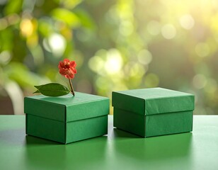 Two green boxes, one with a flower, set on a green surface