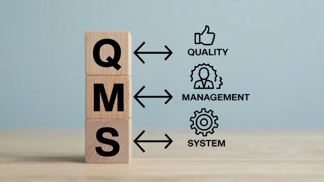 Boost business quality with systematic management using wooden cubes showing QMS concept for corporate excellence