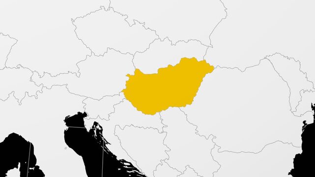 Hungary map. Animated zoom into the country on the Globe in Black White color palette. Country logo animation. Map with meridians, parallels. Classic video.