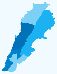 Fototapeta premium Map of Lebanon with regions. Just a simple country border map with region division. Light blue color palette. Blank Lebanese Republic shape with administrative division. Vector illustration.