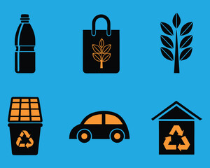 A collection of environmental and sustainability icons: recycling, renewable resources, eco-friendly products, and green living practices.