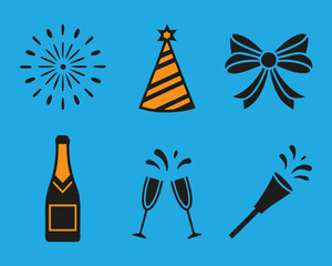 Festive celebration icons: fireworks, party hat, champagne, toasting glasses, and party popper. Essential vector elements for New Year's and joyous events.