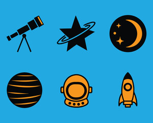 Flat design space and astronomy icons: telescope, star, moon, planet, astronaut helmet, rocket on a bright blue background.