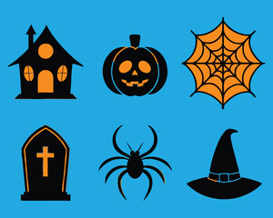 Halloween vector icons: haunted house, jack-o'-lantern, spider web, tombstone, spider, witch's hat. Black and orange spooky designs.