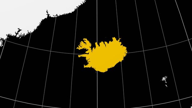 Iceland map. Animated zoom into the country on the Globe in Black White color palette. Country logo animation. Map with meridians, parallels. Beautiful video.