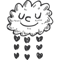 Hand Drawn Cute Cloud Character Raining Hearts With Closed Eyes And Smiling Face On Transparent Background Doodle Style Illustration