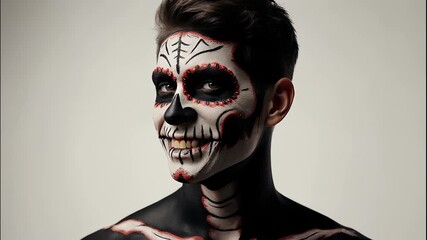 Man with Artistic Skull Face Paint for Halloween or Day of the Dead Celebration
