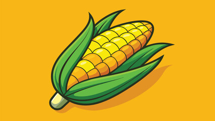 Fresh corn on the cob with green husks against a vibrant yellow background in cartoon style