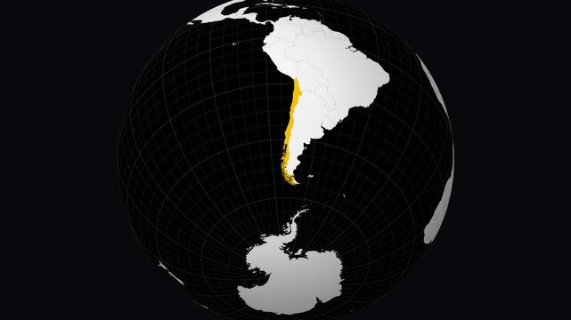 Chile map. Animated zoom into the country on the Globe in Black White color palette. Country logo animation. Map with meridians, parallels. Trending video.