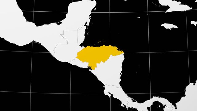 Honduras map. Animated zoom into the country on the Globe in Black White color palette. Country logo animation. Map with meridians, parallels. Vibrant video.